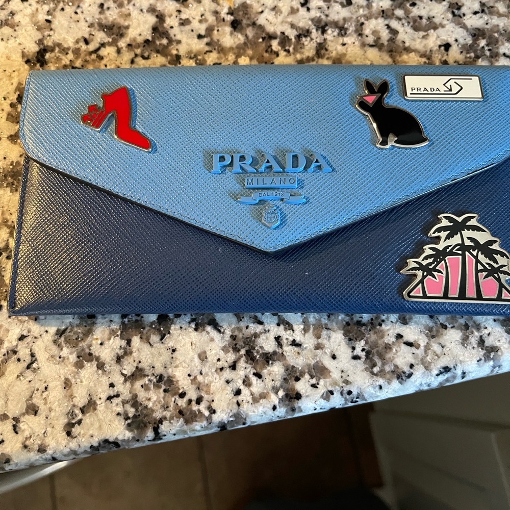 Prada Blue Wallet with Fun Patches
